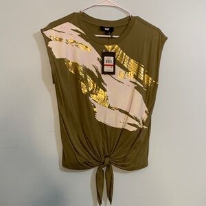 DKNY Olive and Gold Short Sleeve Tie-Front Tee
